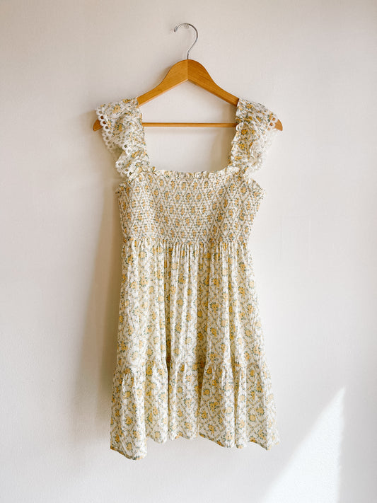 Yellow Floral Smocked Mini Dress