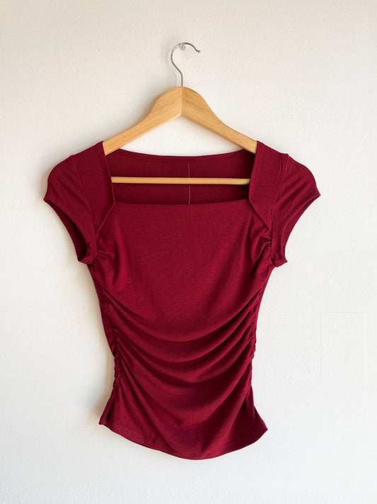 Burgundy Square Neck Short Sleeve Top