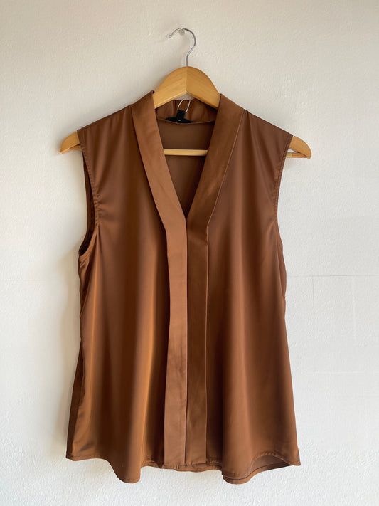Brown Satin Sleeveless Top