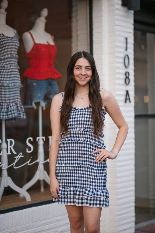 Navy Gingham Smocked Dress