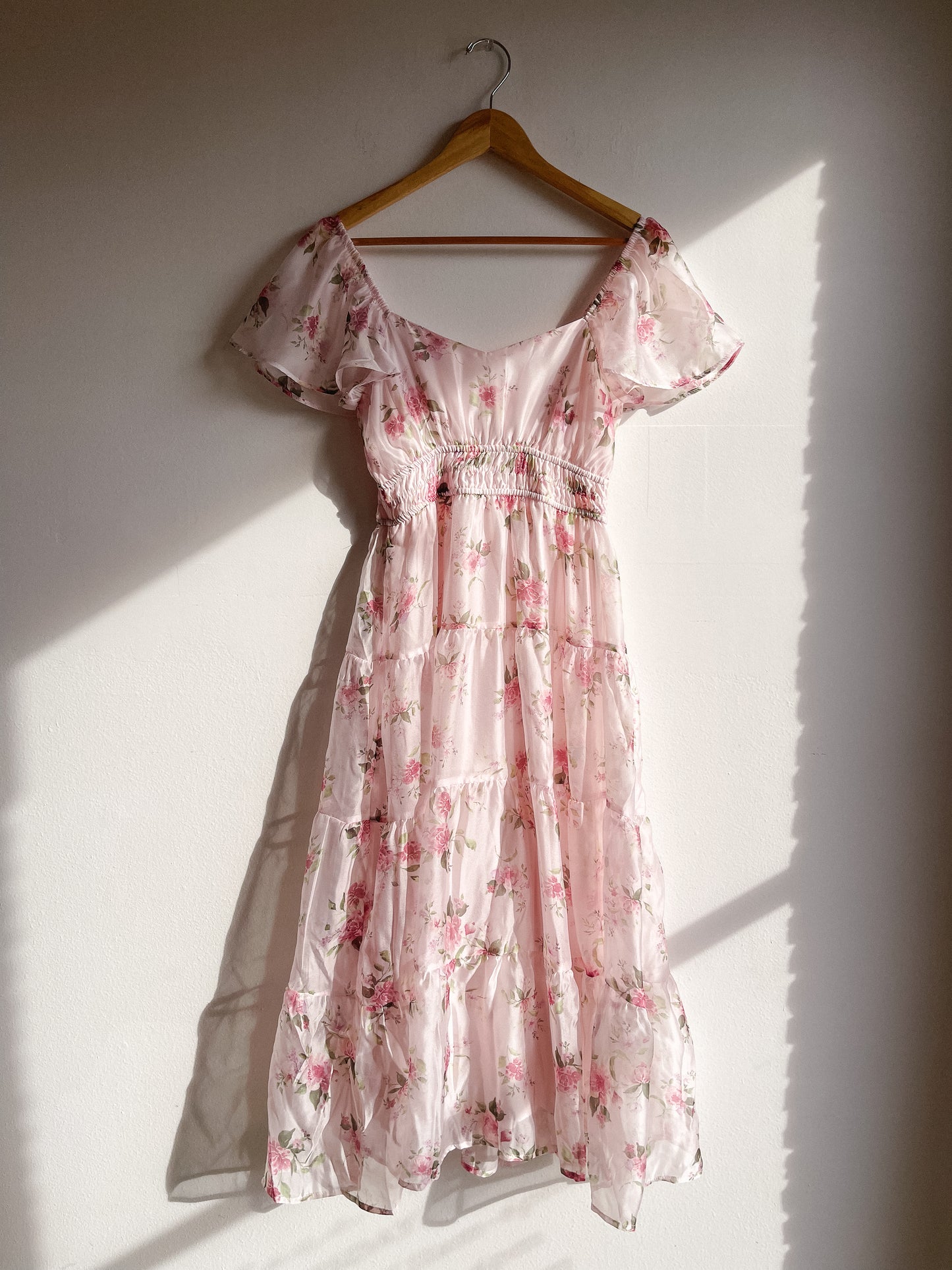 Pink Floral Chiffon Midi Dress