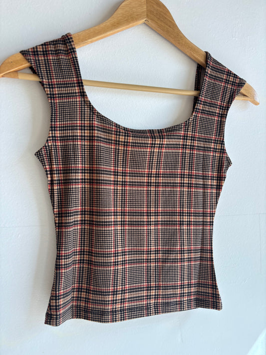 Camel Plaid Short Sleeve Knit Top