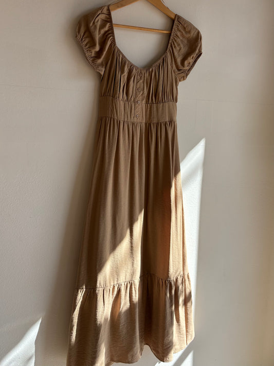 Khaki Front Button Short Sleeve Midi Dress