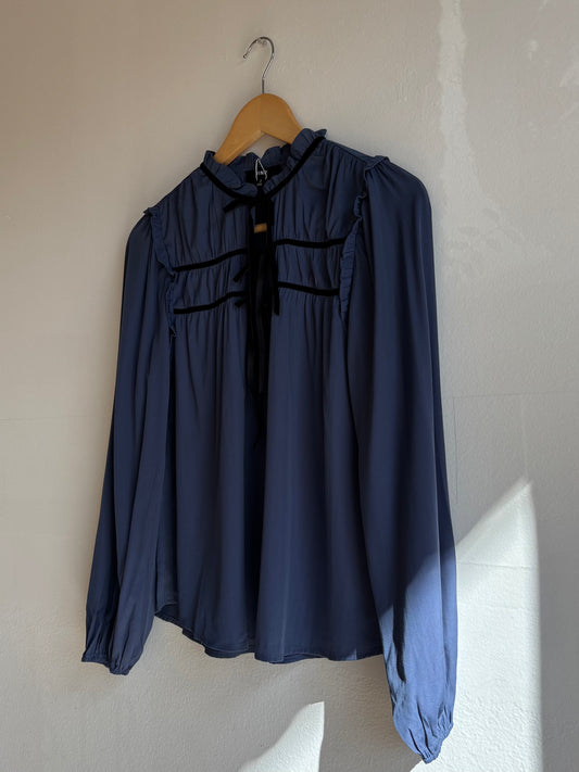 Dusty Blue Bow Tie Long Sleeve Top