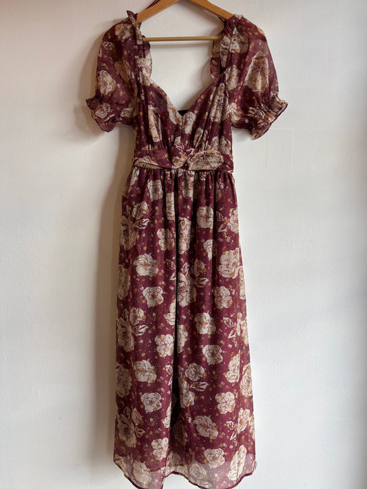 Burgundy Floral Back Tie Midi Dress