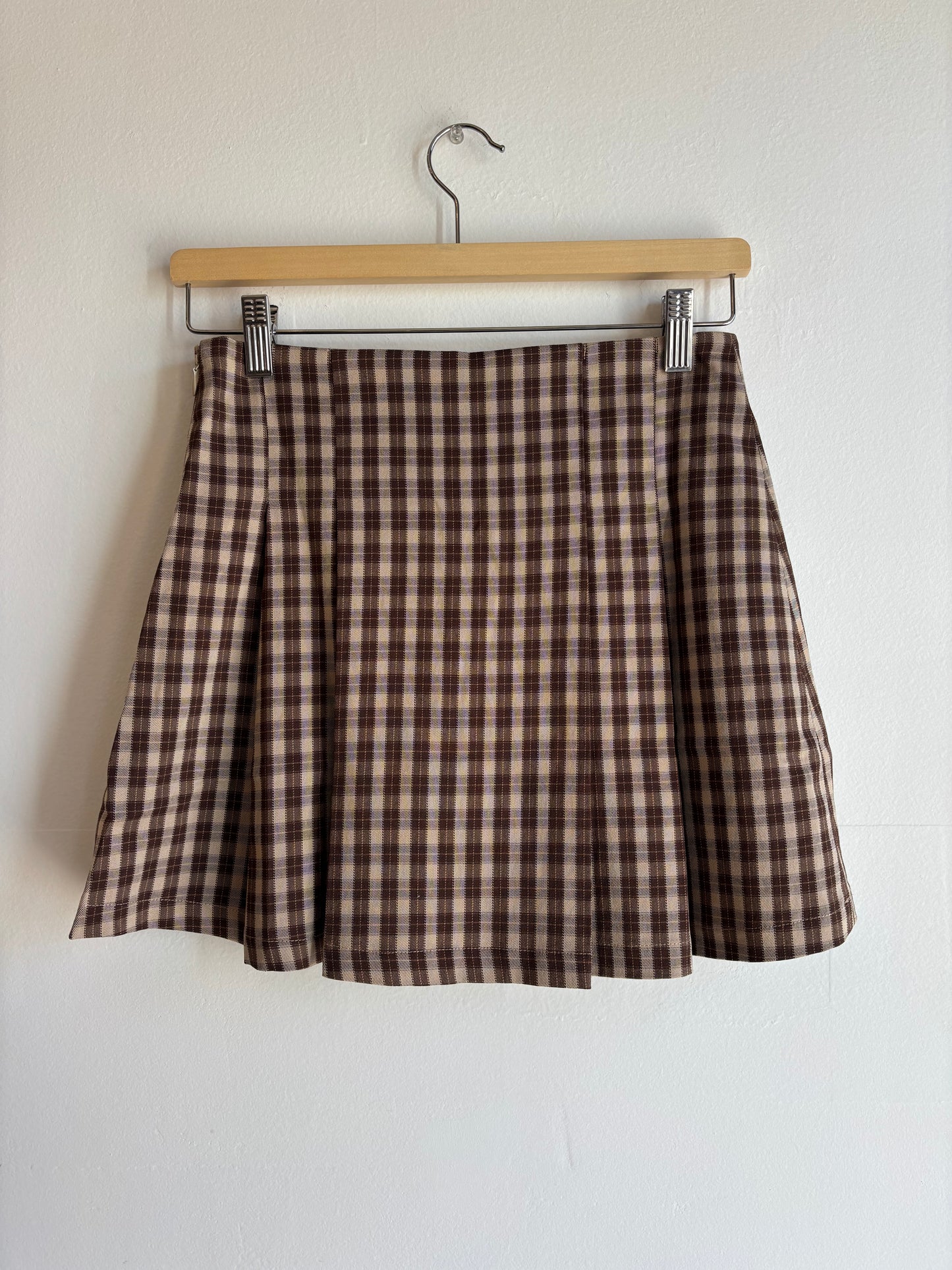Khaki Plaid Pleated Mini Skirt