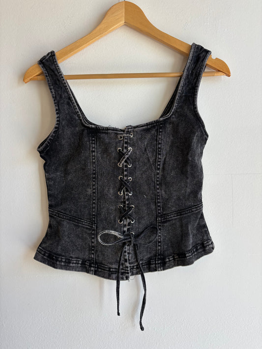 Black Denim Lace Up Top