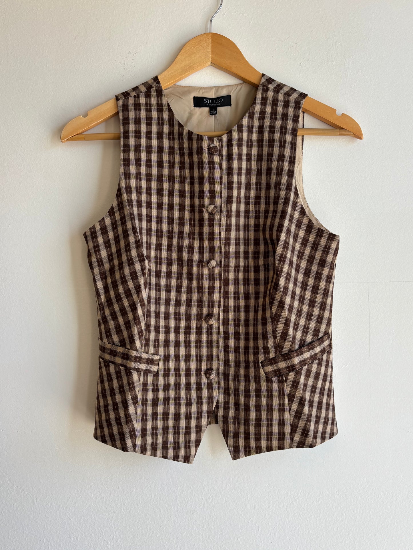 Khaki Plaid Button Down Vest