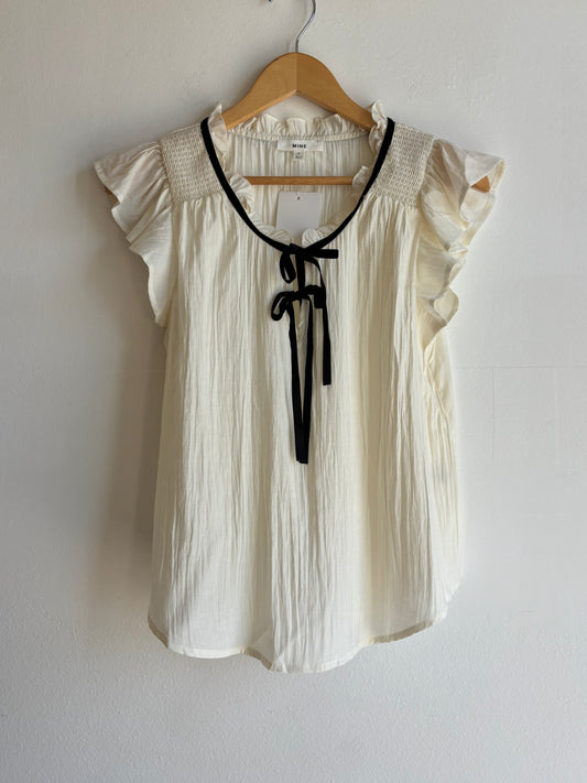 Cream Front Tie Short Sleeve Blouse