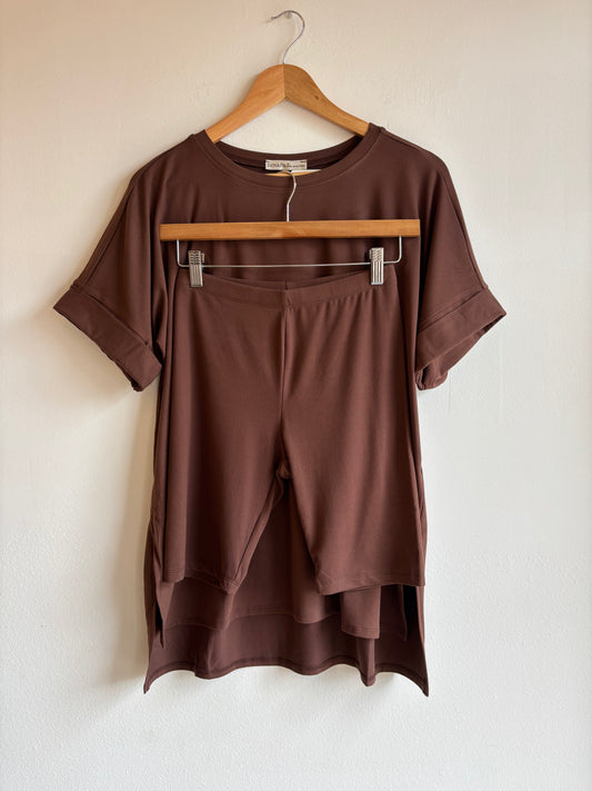 Brown Microfiber Short Sleeve & Biker Shorts Set