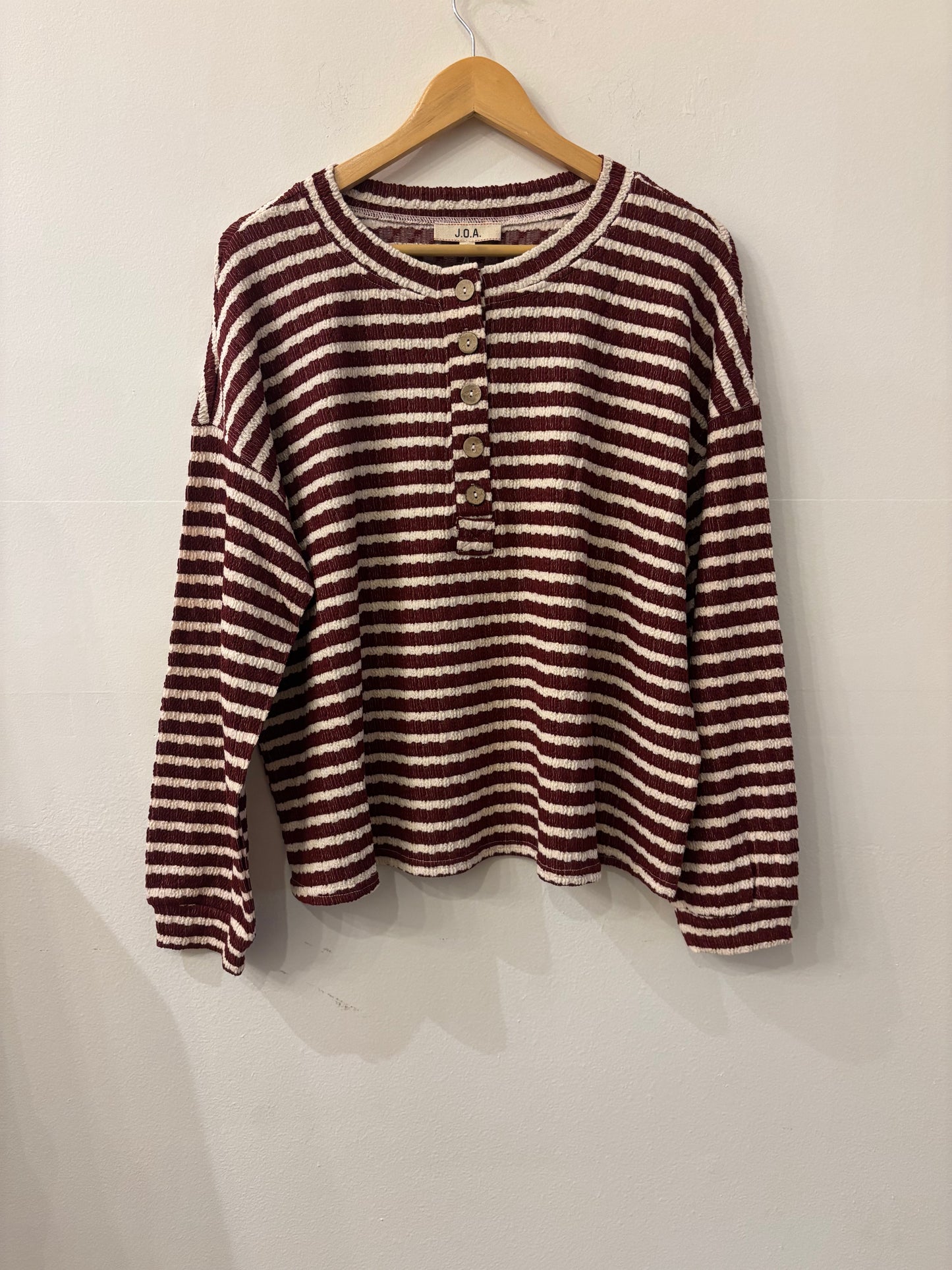 Burgundy Stripe Long Sleeve Henley Knit Top