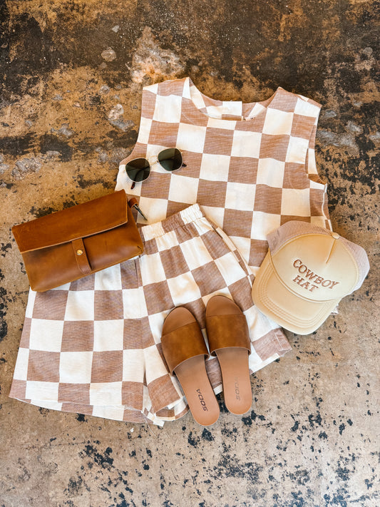 Tan Checkered Linen Shorts