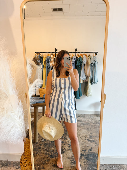 Navy Striped Linen Shorts