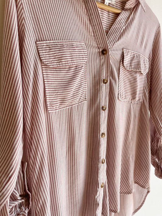 Burgundy Striped Long Sleeve Button Down