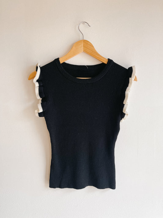 Black Contrast Ruffle Sleeve Top