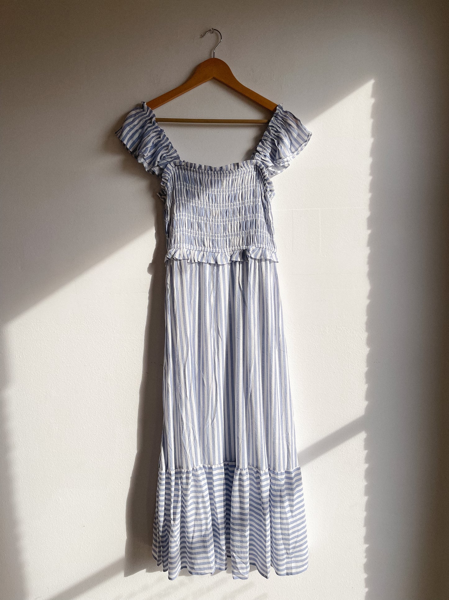 Blue Striped Smocked Midi Dress