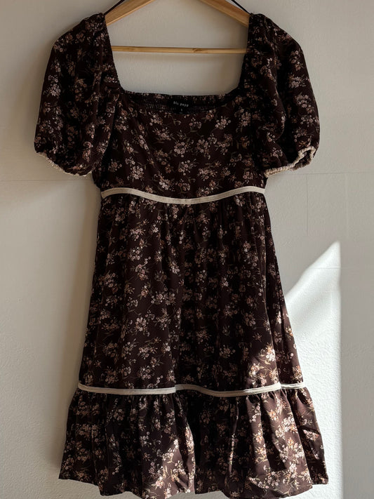 Brown Floral Puff Sleeve Mini Dress