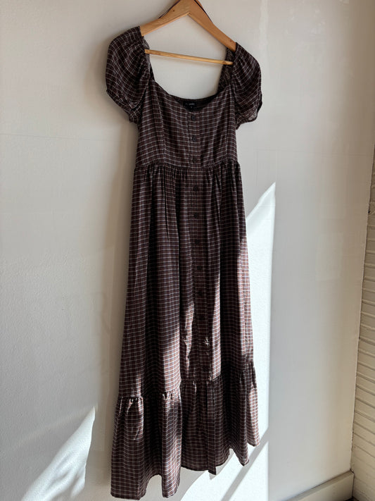 Brown Plaid Puff Sleeve Maxi Dress