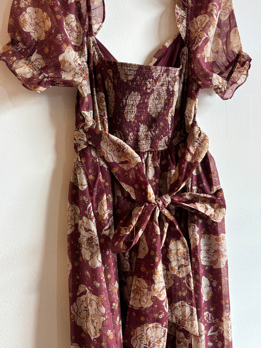 Burgundy Floral Back Tie Midi Dress