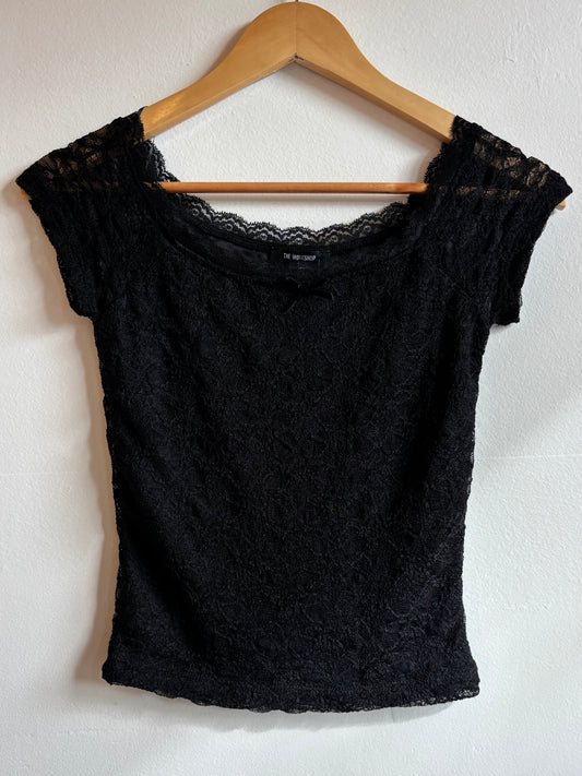 Black Lace Bow Short Sleeve Top