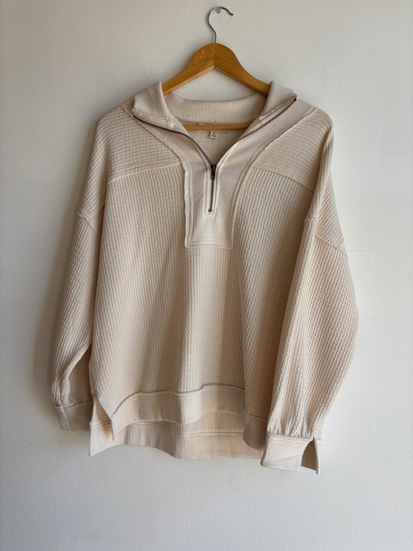 Cream Half Zip Waffle Knit Top
