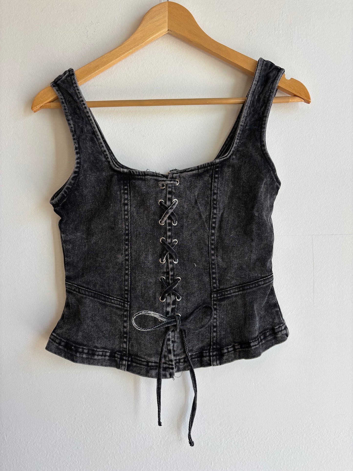 Black Denim Lace Up Top