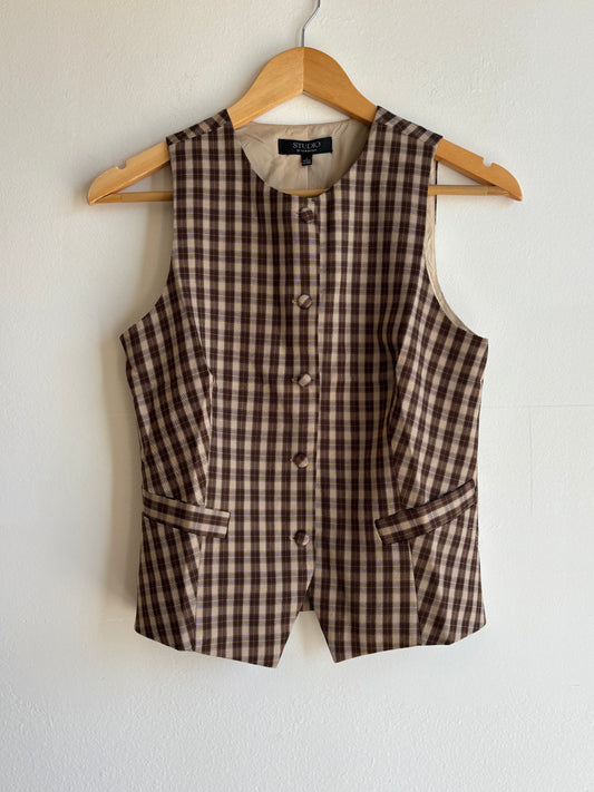 Khaki Plaid Button Down Vest