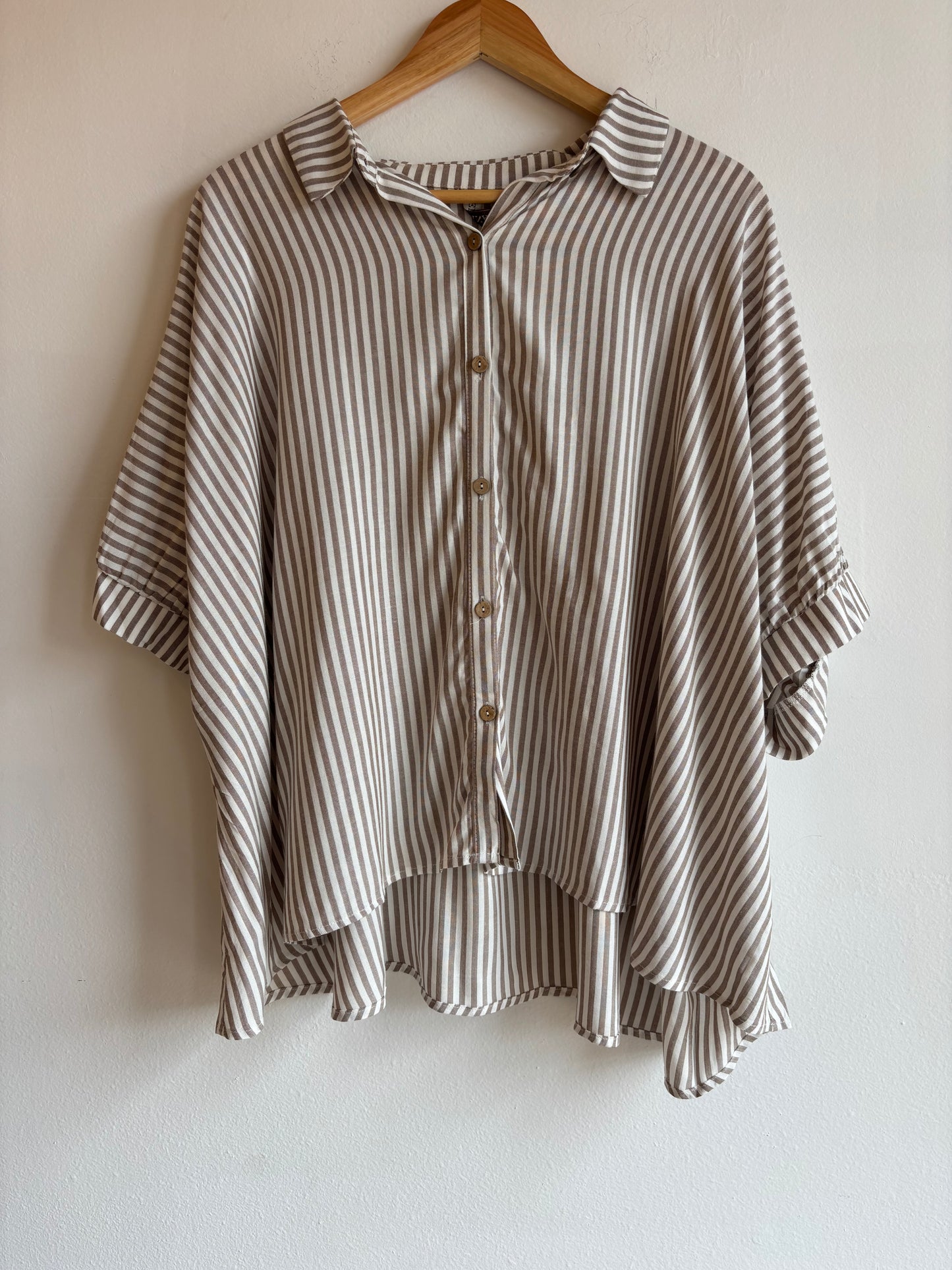 Taupe Stripe Button Up Short Sleeve Shirt