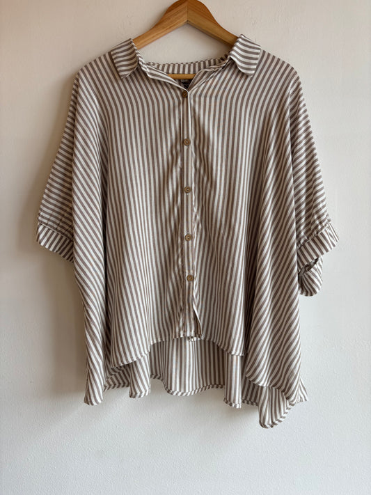 Taupe Stripe Button Up Short Sleeve Shirt