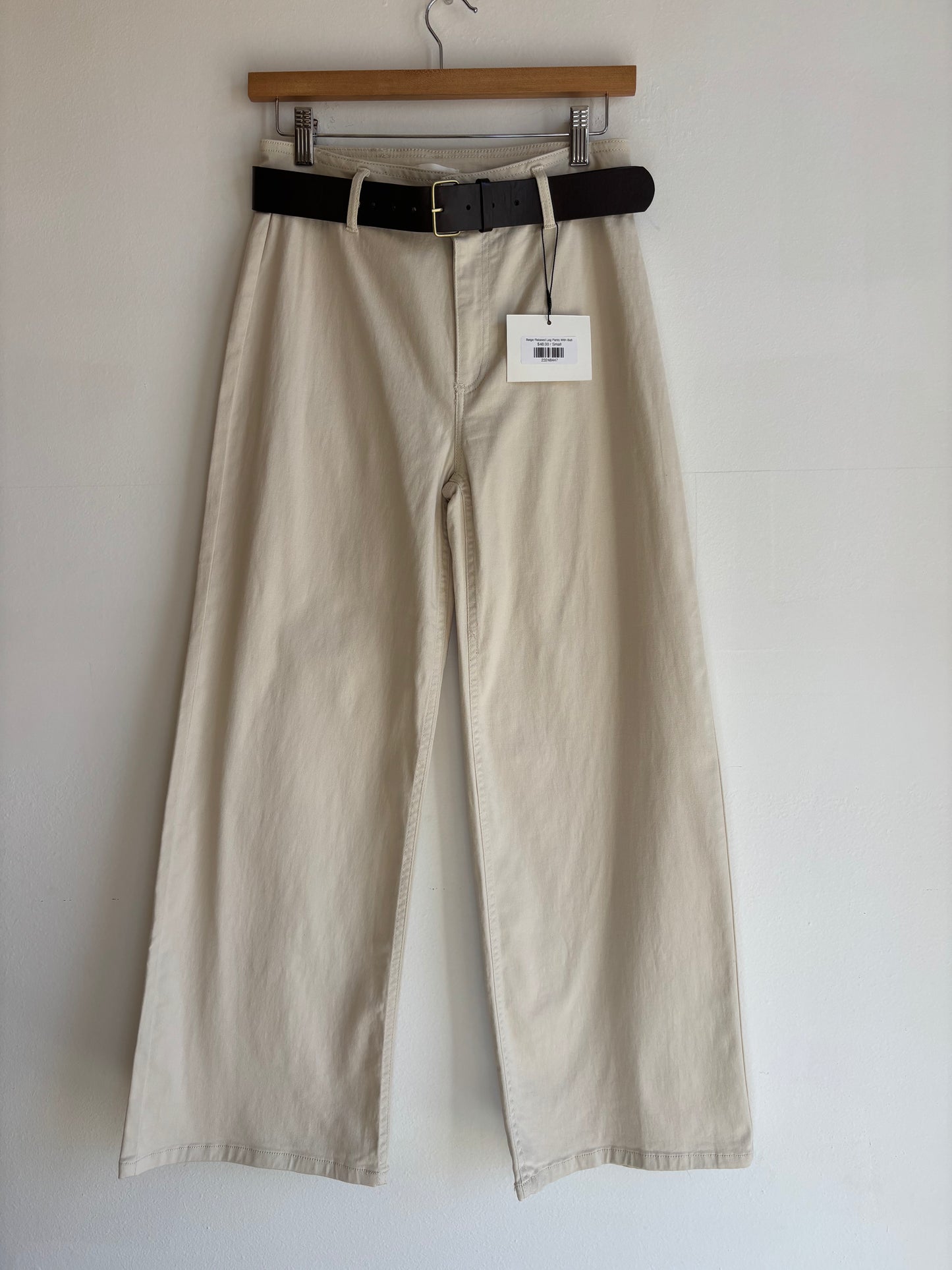 Beige Relaxed Leg Pants With Belt