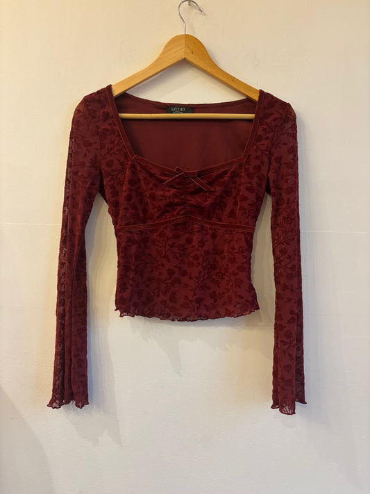 Burgundy Velvet Floral Long Sleeve Sheer Knit Top