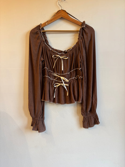 Brown Contrast Bow Long Sleeve Top