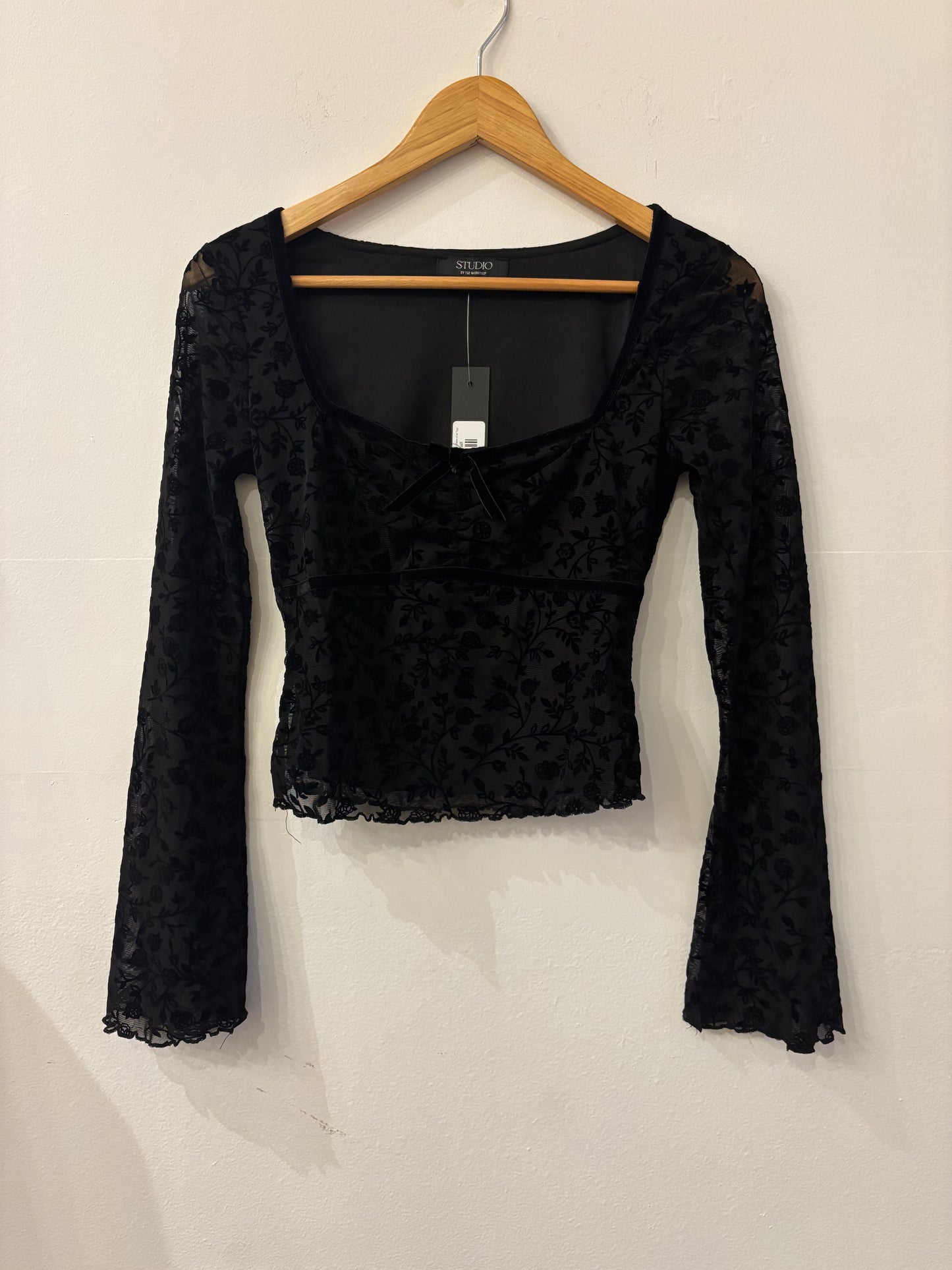 Black Velvet Floral Long Sleeve Sheer Knit Top