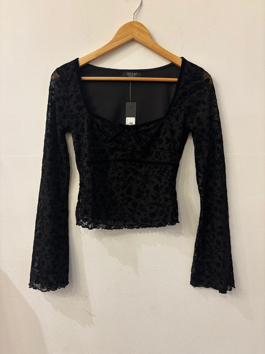 Black Velvet Floral Long Sleeve Sheer Knit Top