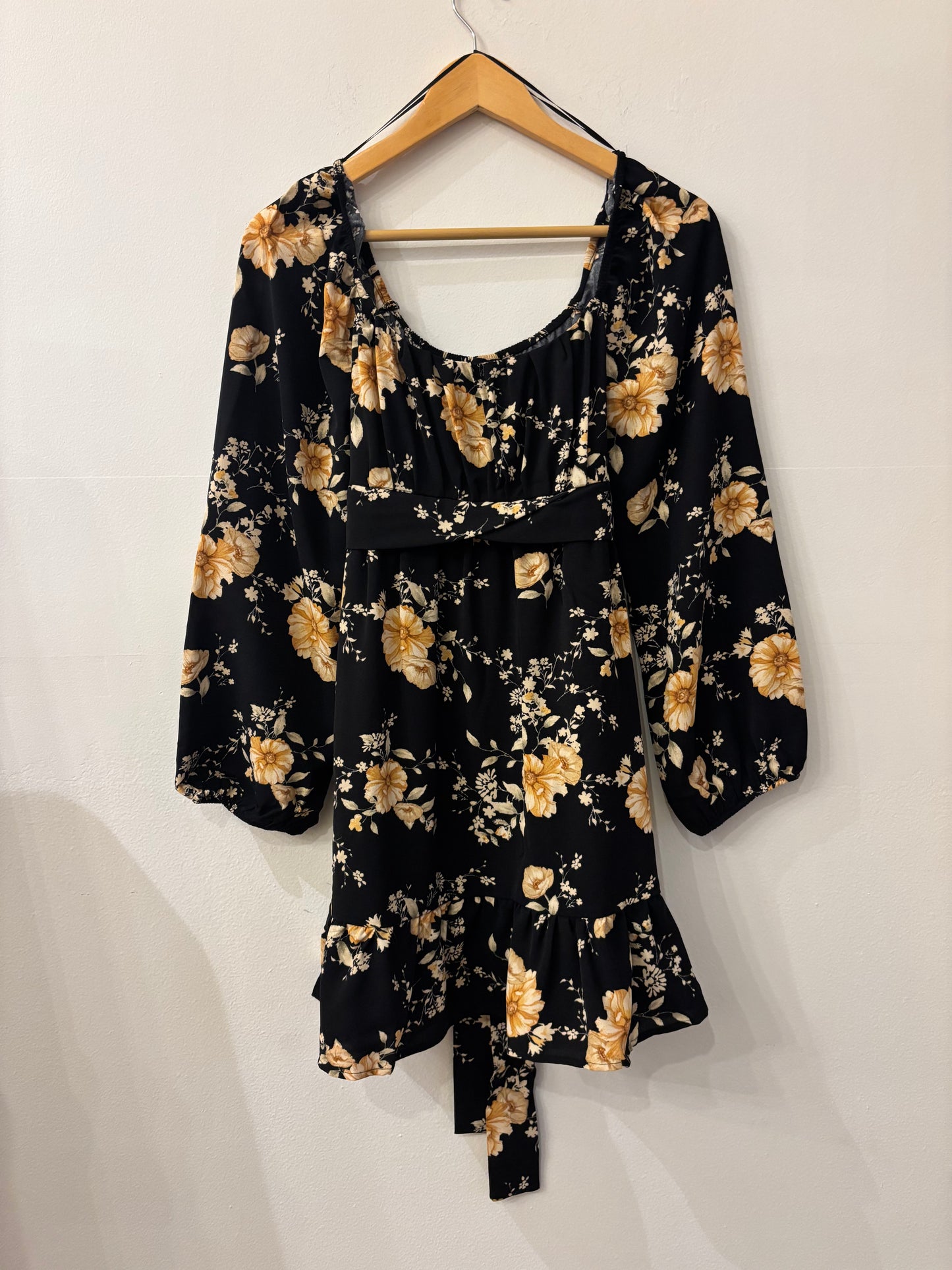 Black Floral Long Sleeve Back Tie Mini Dress