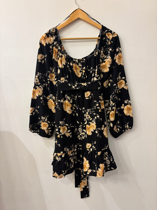 Black Floral Long Sleeve Back Tie Mini Dress