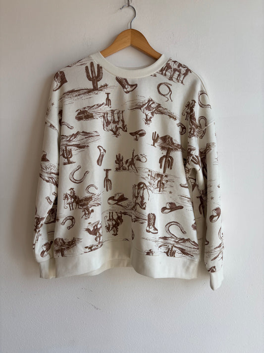 Cream + Brown Western Print Crew Neck